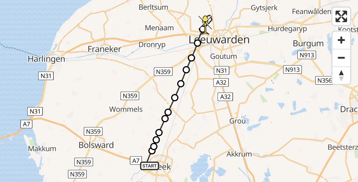 Routekaart van de vlucht: Ambulanceheli naar Vliegbasis Leeuwarden, Kleasterwei