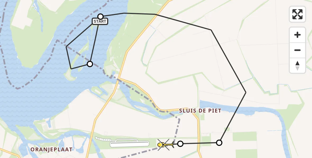 Routekaart van de vlucht: Kustwachthelikopter naar Vliegveld Midden-Zeeland, Zandkreekplaat