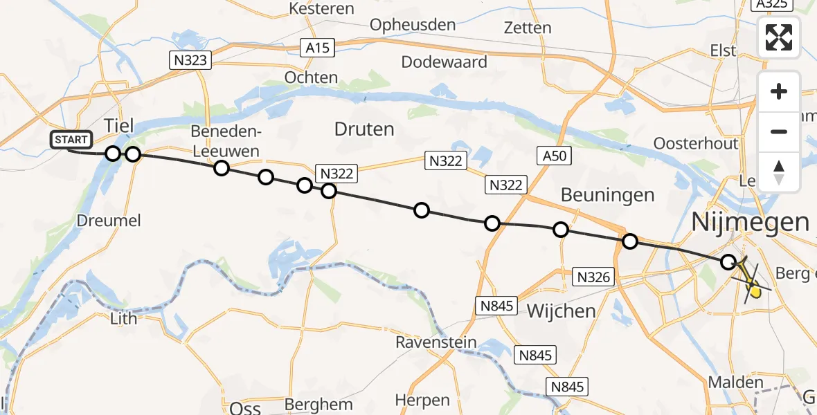 Routekaart van de vlucht: Lifeliner 3 naar Radboud Universitair Medisch Centrum, Hazenpad