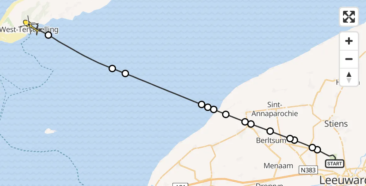 Routekaart van de vlucht: Ambulanceheli naar West-Terschelling, Keegsdijkje