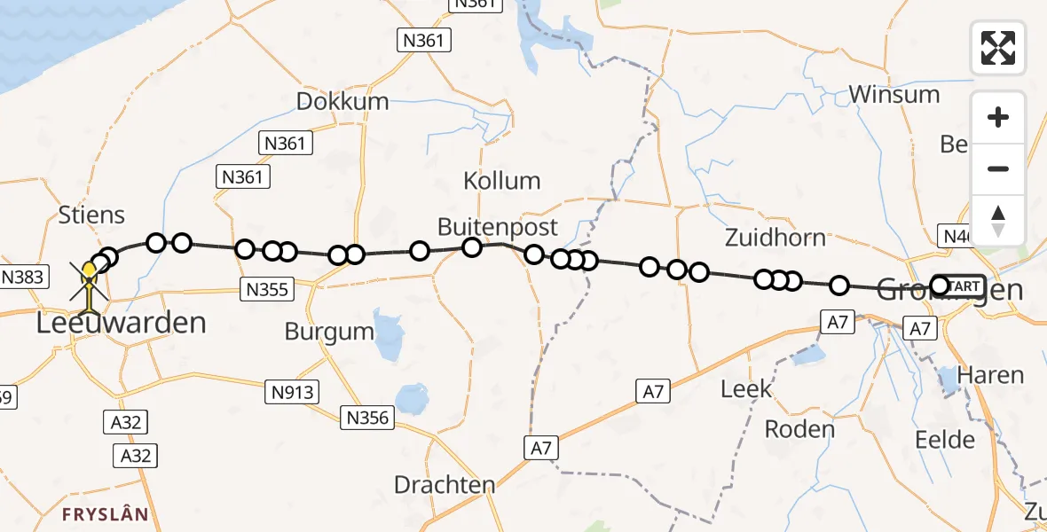 Routekaart van de vlucht: Ambulanceheli naar Vliegbasis Leeuwarden, Zoutstraat