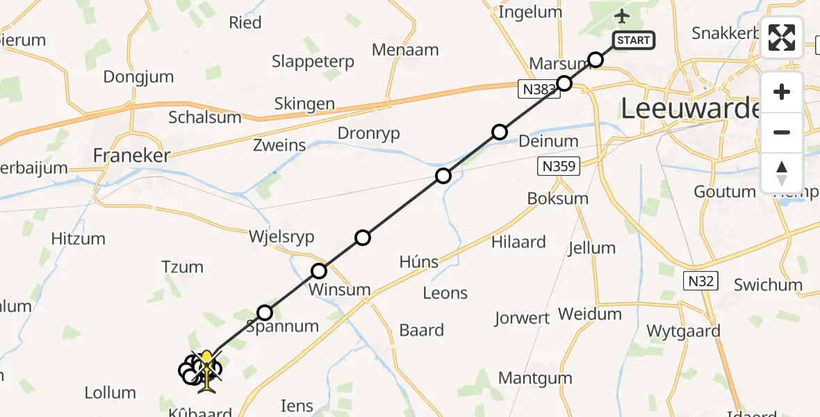 Routekaart van de vlucht: Politiehelikopter naar Kûbaard, Ljouwerterdyk