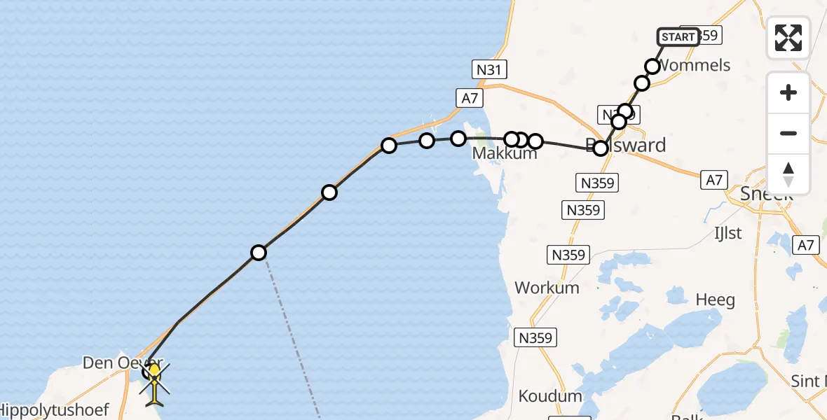 Routekaart van de vlucht: Politiehelikopter naar Wieringerwerf, De Leane