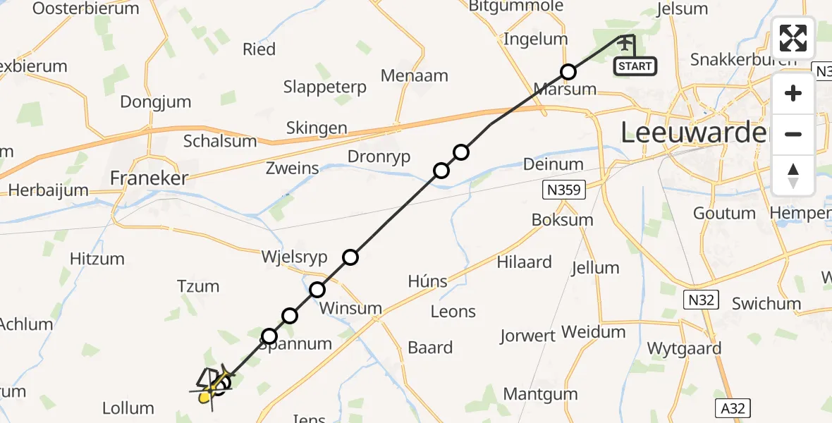 Routekaart van de vlucht: Ambulancehelikopter naar Tzum, Buitengebied Noordwest