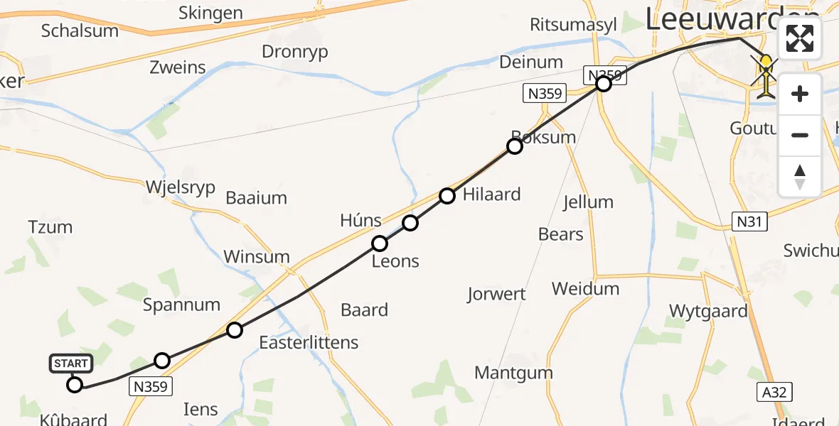 Routekaart van de vlucht: Ambulancehelikopter naar Leeuwarden, Berkwerterleane