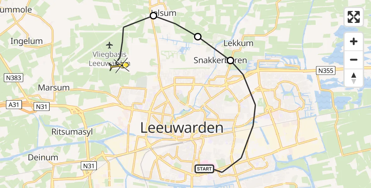 Routekaart van de vlucht: Ambulancehelikopter naar Vliegbasis Leeuwarden, Sierdswielstraat