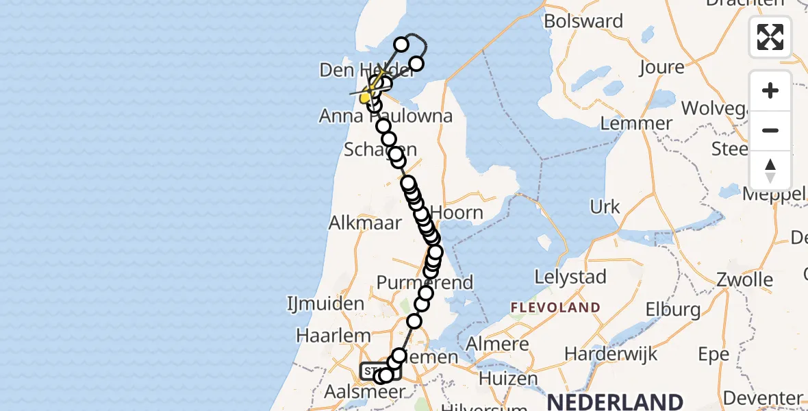 Routekaart van de vlucht: Politiehelikopter naar Vliegveld De Kooy, Westerkimweg