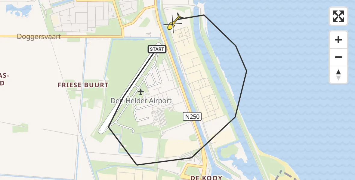 Routekaart van de vlucht: Politieheli naar Vliegveld De Kooy, Rijksweg