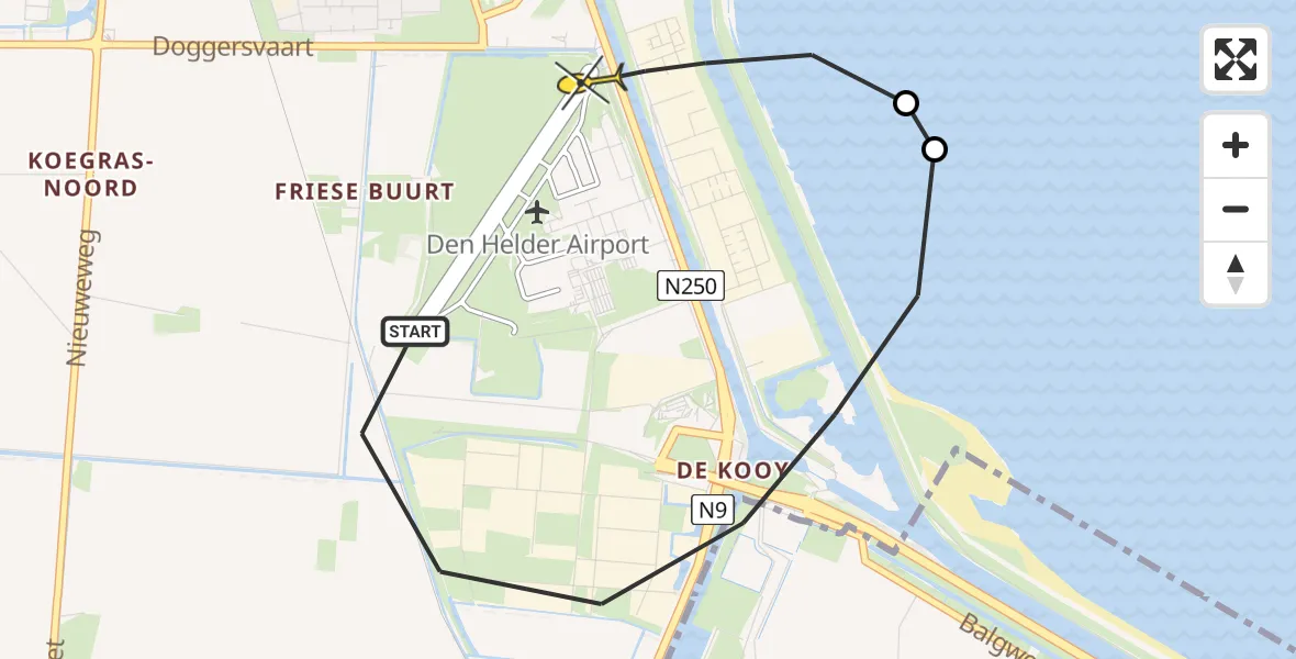 Routekaart van de vlucht: Politieheli naar Vliegveld De Kooy, Mastenmakersweg