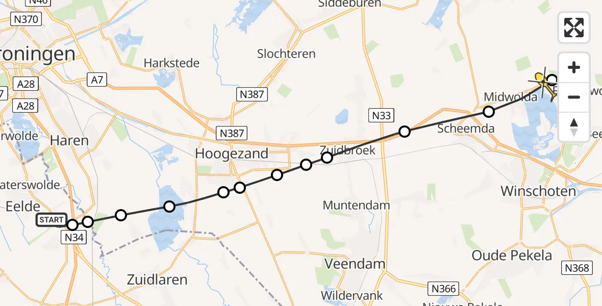 Routekaart van de vlucht: Lifeliner 4 naar Vliegveld Oostwold, Bernhardlaan