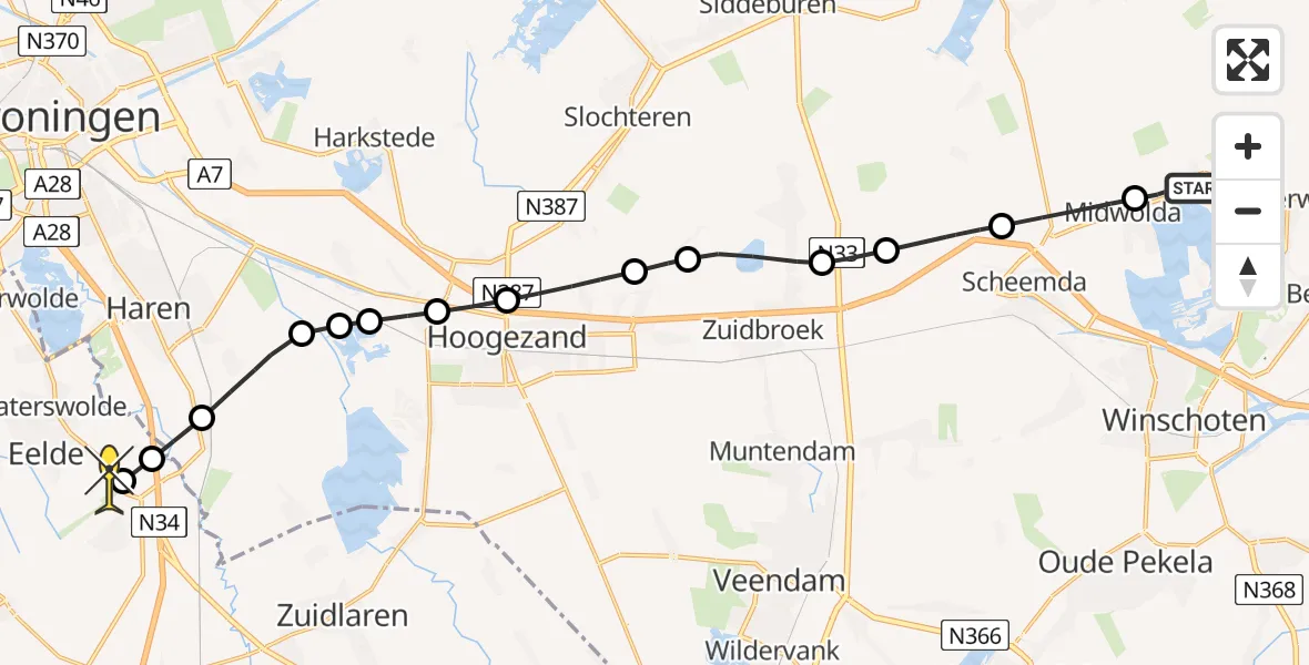 Routekaart van de vlucht: Lifeliner 4 naar Groningen Airport Eelde, Oudlandseweg