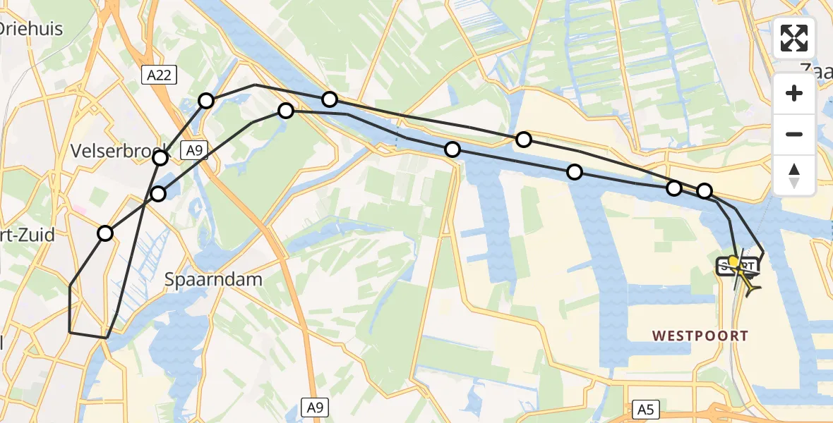 Routekaart van de vlucht: Lifeliner 1 naar Amsterdam Heliport, Kanaalkade