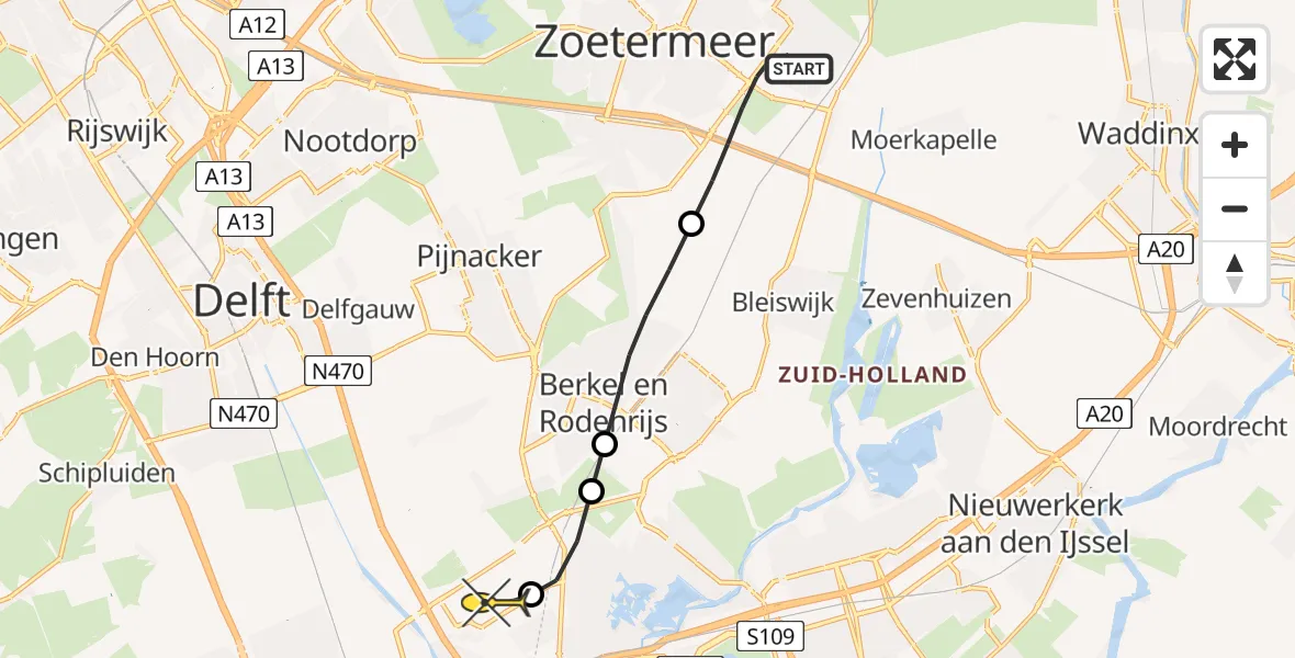 Routekaart van de vlucht: Lifeliner 2 naar Rotterdam The Hague Airport, Kelvinstraat