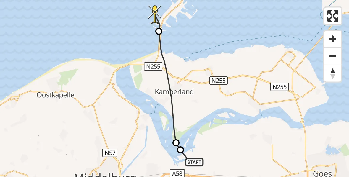 Routekaart van de vlucht: Kustwachthelikopter naar Vrouwenpolder, Oranjeplaatweg