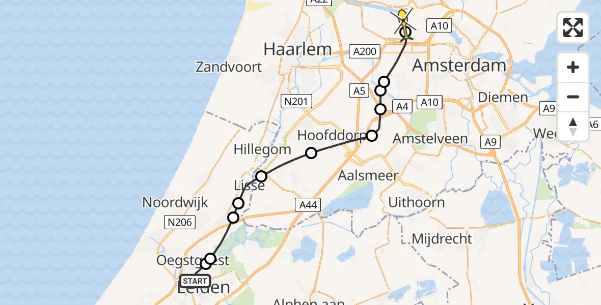 Routekaart van de vlucht: Lifeliner 1 naar Amsterdam Heliport, Oegstgeesterweg