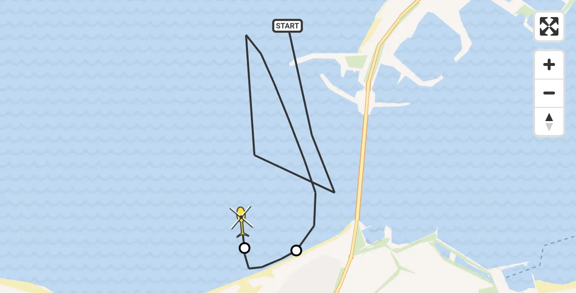 Routekaart van de vlucht: Kustwachthelikopter naar Vrouwenpolder, Zuidelijke Pier