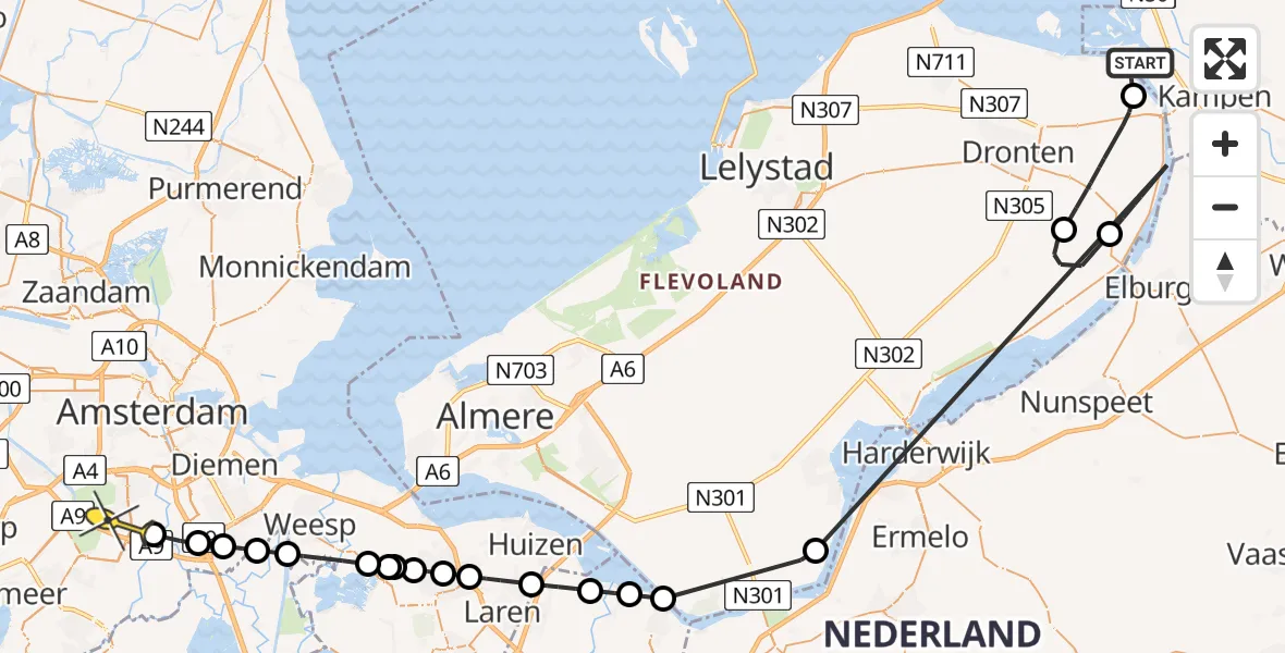 Routekaart van de vlucht: Politiehelikopter naar Amstelveen, Roggebottocht