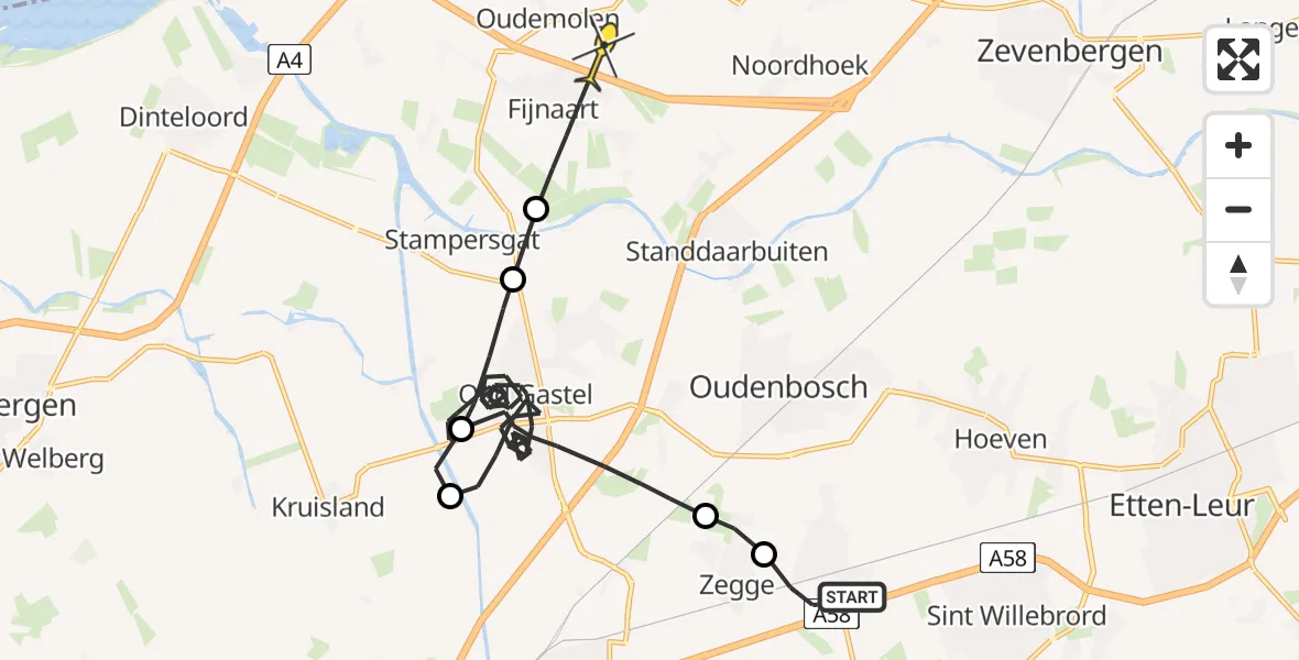 Routekaart van de vlucht: Politiehelikopter naar Fijnaart, Roosendaalsebaan