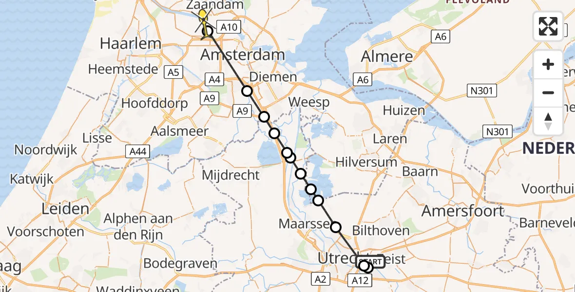 Routekaart van de vlucht: Lifeliner 1 naar Amsterdam Heliport, Zandlaan