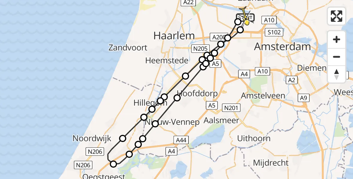 Routekaart van de vlucht: Lifeliner 1 naar Amsterdam Heliport, Nieuw-Zeelandweg