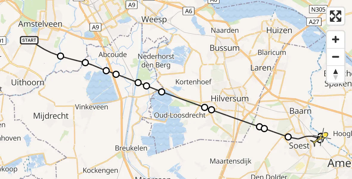 Routekaart van de vlucht: Politieheli naar Hoogland, De Zon