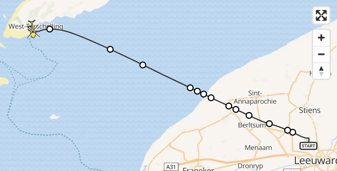 Routekaart van de vlucht: Ambulanceheli naar West-Terschelling, Keegsdijkje