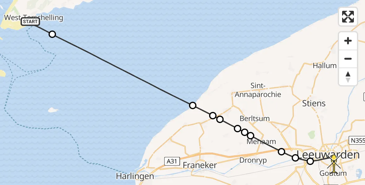 Routekaart van de vlucht: Ambulancehelikopter naar Leeuwarden, De Kom