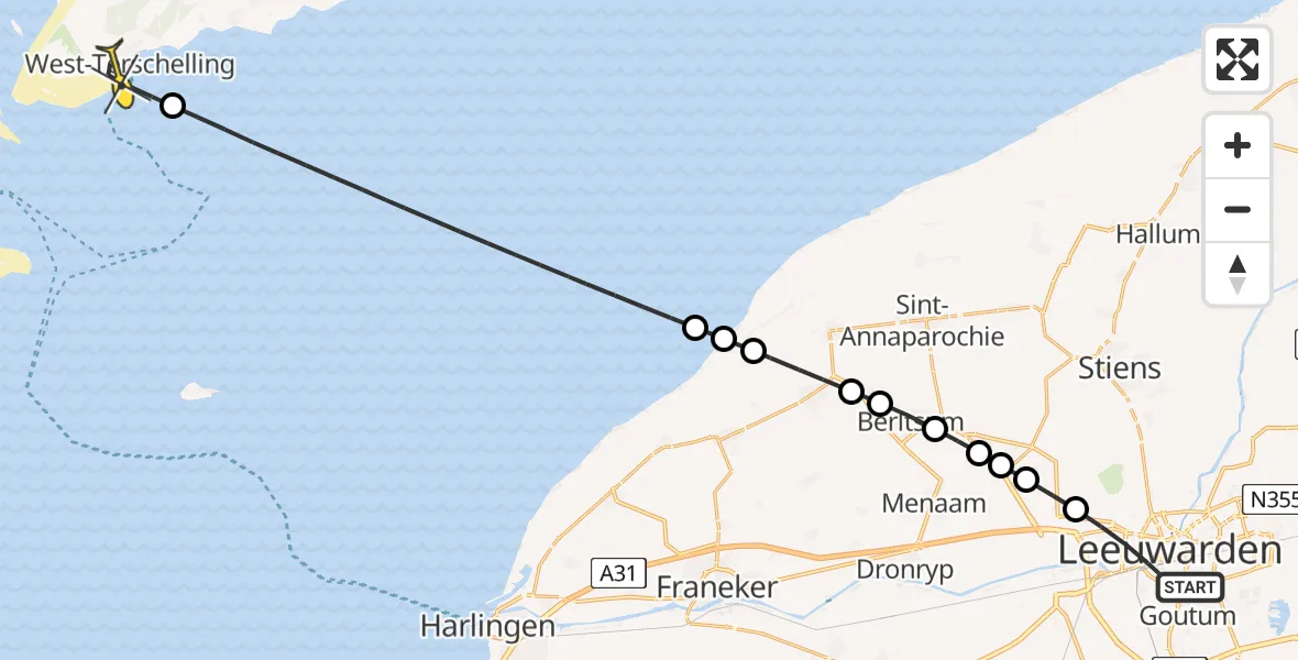 Routekaart van de vlucht: Ambulanceheli naar West-Terschelling, Borniastraat