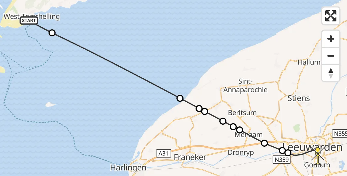 Routekaart van de vlucht: Ambulancehelikopter naar Leeuwarden, De Kom