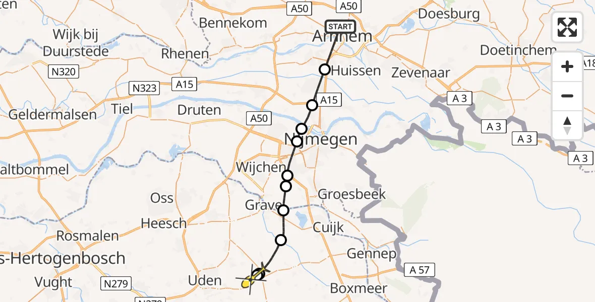 Routekaart van de vlucht: Lifeliner 3 naar Volkel, Druppelbrug