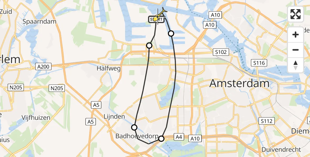 Routekaart van de vlucht: Lifeliner 1 naar Amsterdam Heliport, Nieuw-Zeelandweg