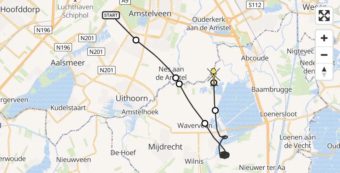 Routekaart van de vlucht: Politiehelikopter naar Abcoude, Wilhelmina Druckerlaan