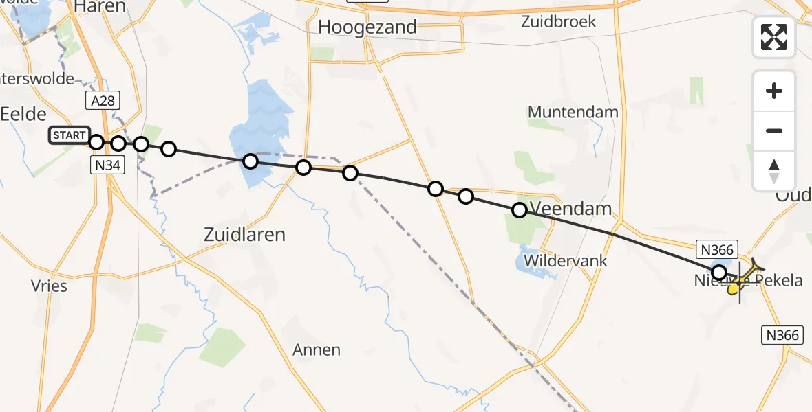 Routekaart van de vlucht: Lifeliner 4 naar Nieuwe Pekela, Burg. J.G. Legroweg
