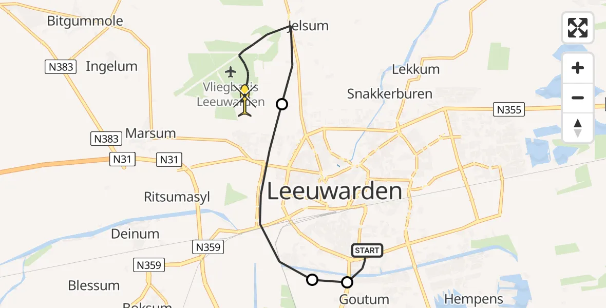 Routekaart van de vlucht: Ambulancehelikopter naar Vliegbasis Leeuwarden, Borniastraat