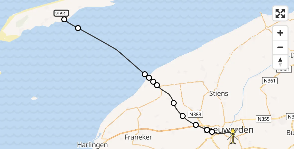 Routekaart van de vlucht: Ambulanceheli naar Leeuwarden, Oosterboutenweg