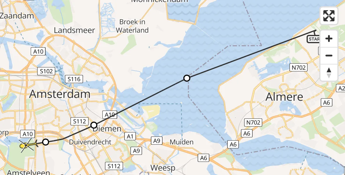 Routekaart van de vlucht: Politiehelikopter naar Amstelveen, IJmeer