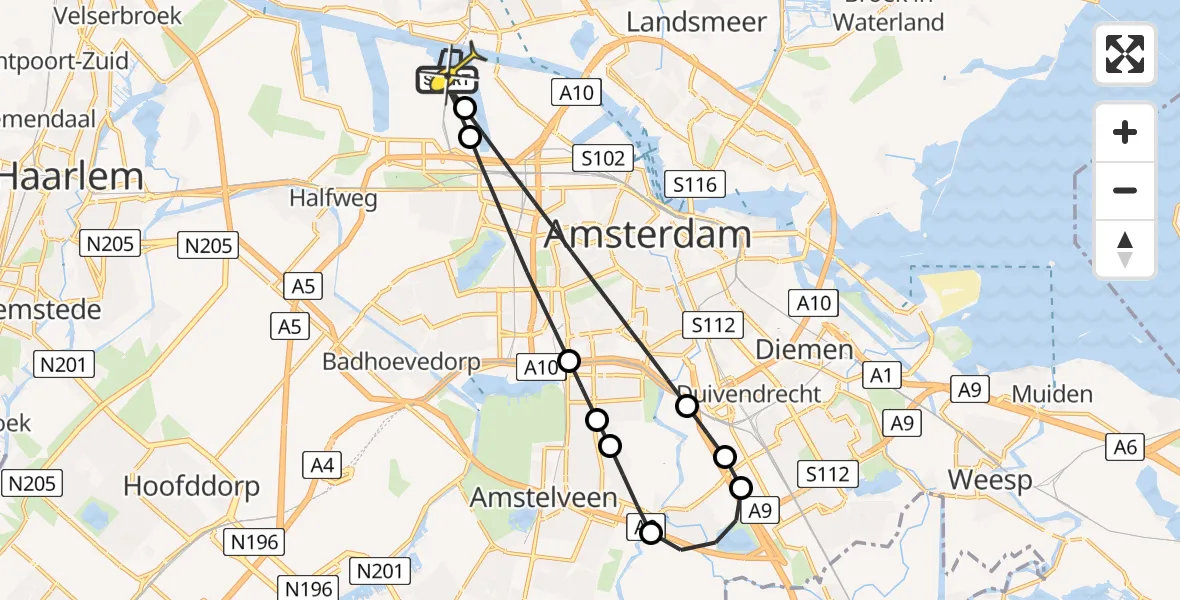 Routekaart van de vlucht: Lifeliner 1 naar Amsterdam Heliport, Corsicaweg