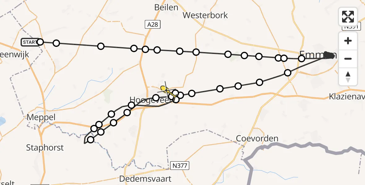 Routekaart van de vlucht: Politiehelikopter naar Vliegveld Hoogeveen, Havelter Schipsloot