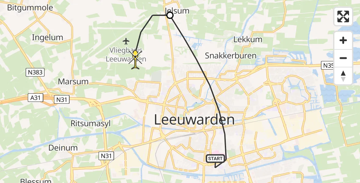 Routekaart van de vlucht: Ambulanceheli naar Vliegbasis Leeuwarden, De Tuinderij