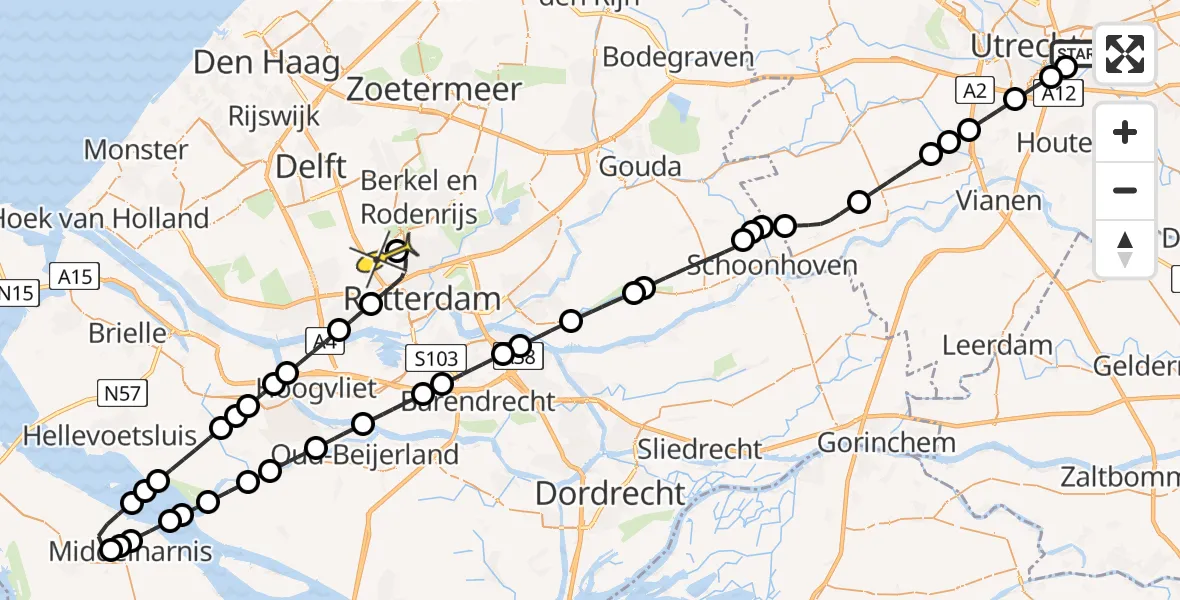 Routekaart van de vlucht: Lifeliner 2 naar Rotterdam The Hague Airport, Hoge Bospad