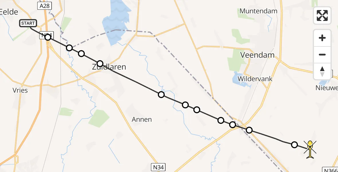 Routekaart van de vlucht: Lifeliner 4 naar Nieuwe Pekela, Oosterveldweg