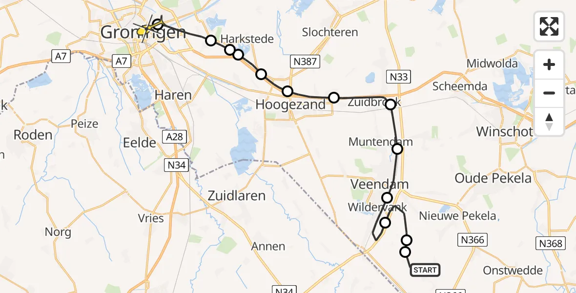 Routekaart van de vlucht: Lifeliner 4 naar Universitair Medisch Centrum Groningen, Hoetmansmeer I