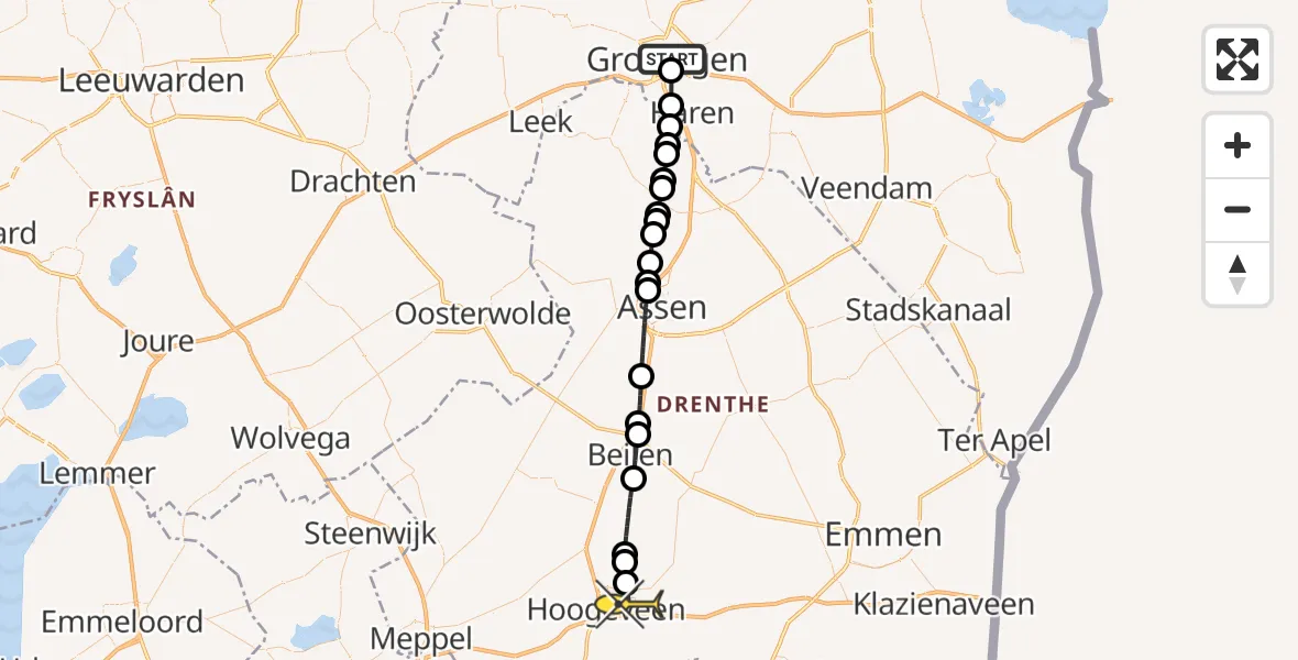 Routekaart van de vlucht: Lifeliner 4 naar Vliegveld Hoogeveen, J.A. Feithstraat