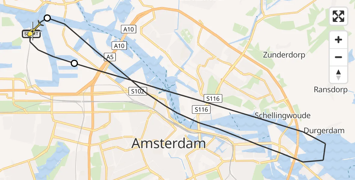 Routekaart van de vlucht: Lifeliner 1 naar Amsterdam Heliport, Hornweg