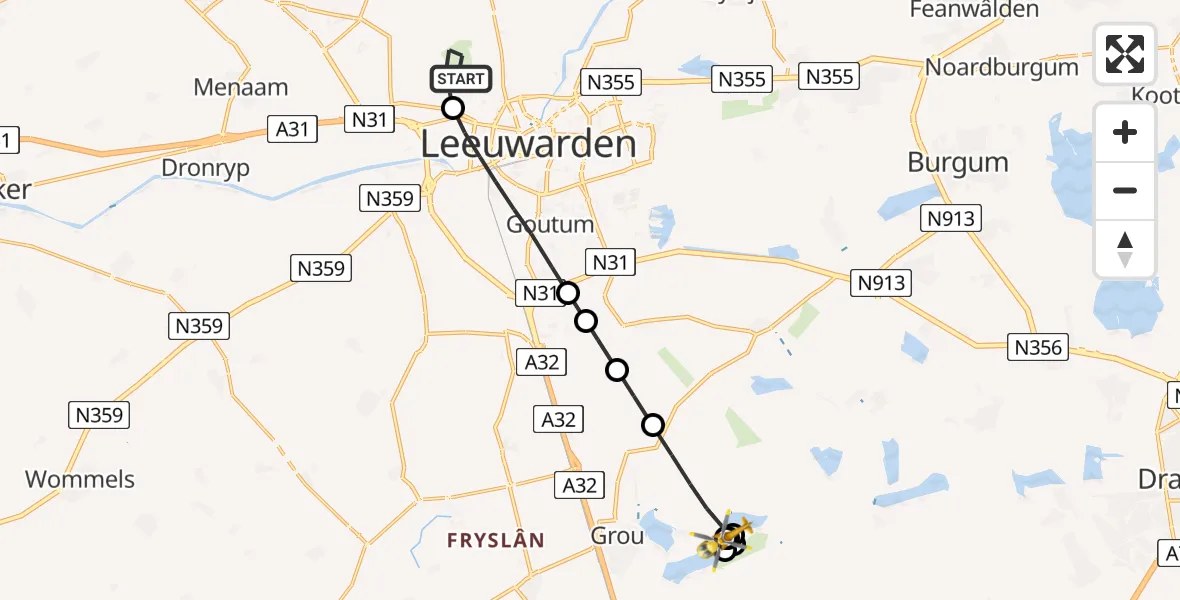 Vluchtroute Ambulancehelikopter Vliegbasis Leeuwarden - Goëngahuizen, 30 mei 2025, 08:21