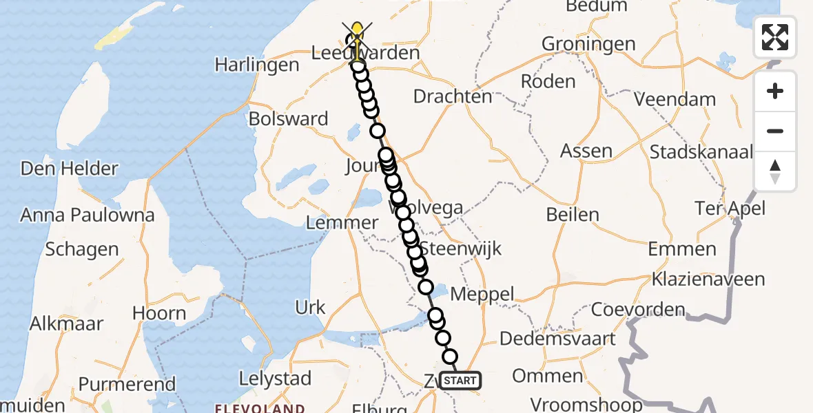 Routekaart van de vlucht: Ambulanceheli naar Vliegbasis Leeuwarden, Sumatrastraat