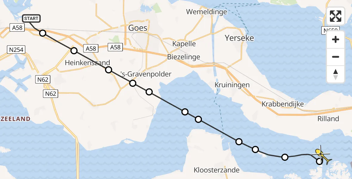 Routekaart van de vlucht: Kustwachthelikopter naar Rilland, Noord Kraaijertsedijk