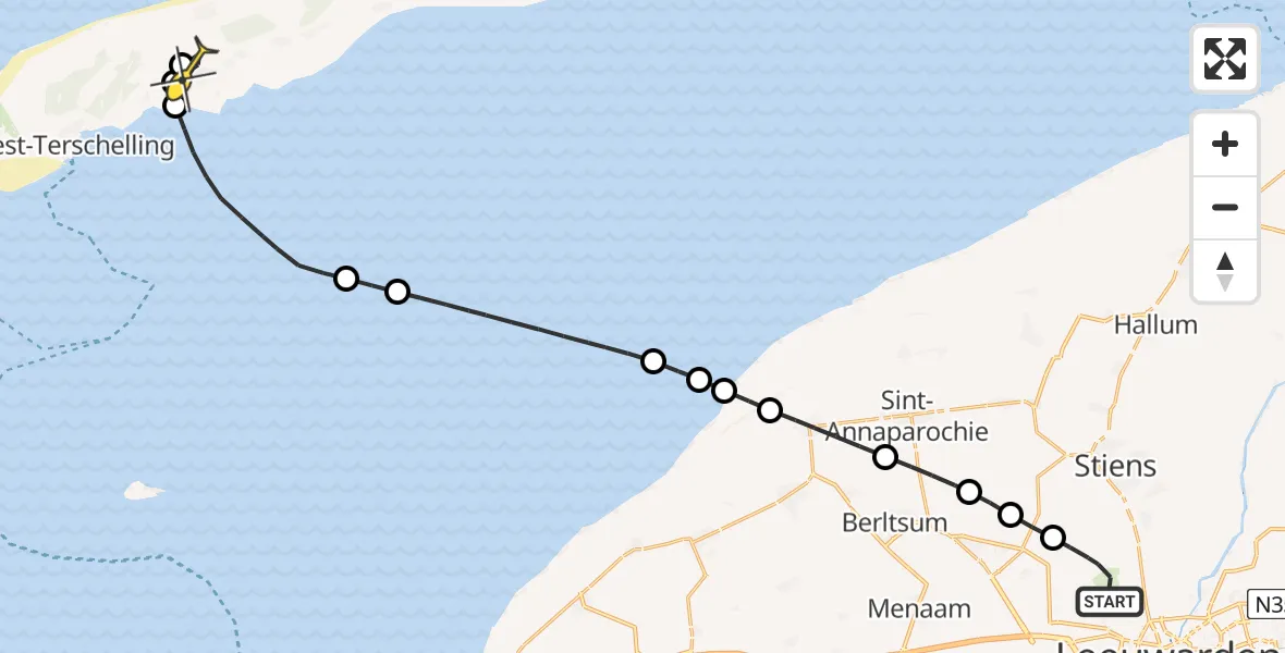 Routekaart van de vlucht: Ambulancehelikopter naar Midsland, Bitgumerlân