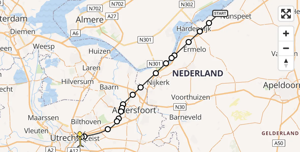 Routekaart van de vlucht: Lifeliner 1 naar Universitair Medisch Centrum Utrecht, Beekweg