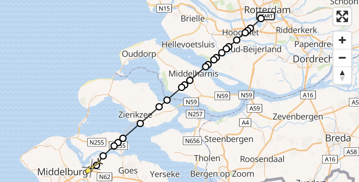 Routekaart van de vlucht: Kustwachthelikopter naar Vliegveld Midden-Zeeland, Westzeedijk